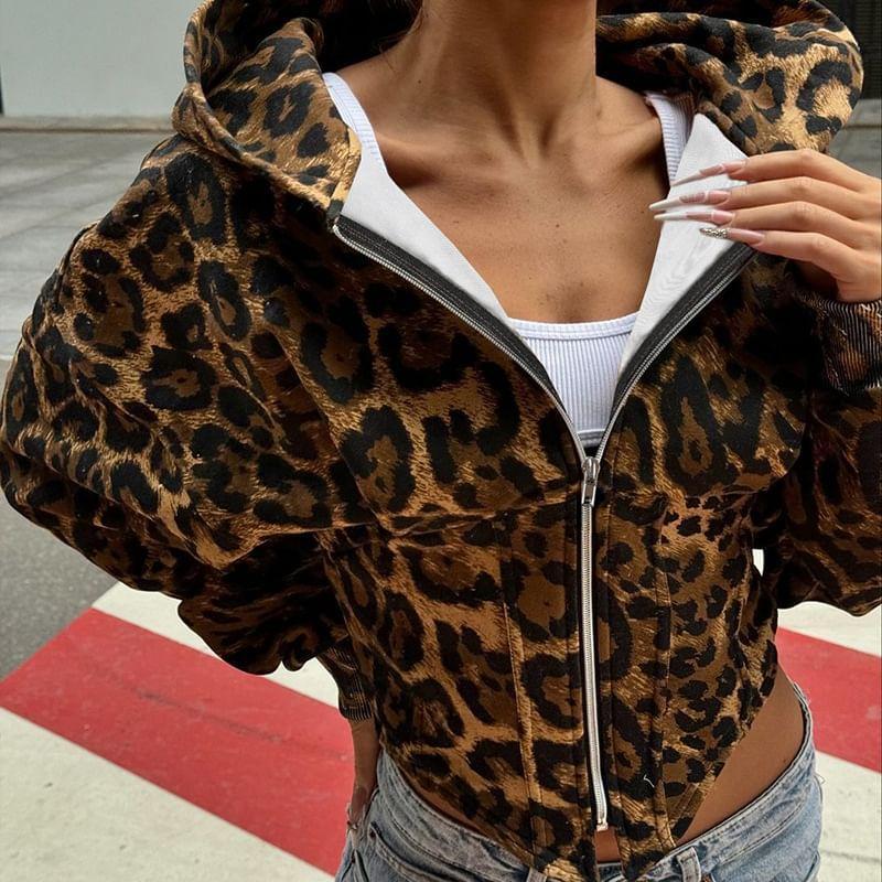 Long Sleeve Leopard Print Slim-Fit Zip-Up Hooded Jacket Product Image