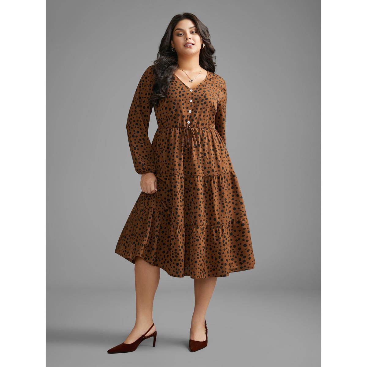 Plus Size Leopard Print Tie Knot Ruffle Layered Hem Dress Browncoffeecolor Women Elegant Tie knot V-neck Long Sleeve Curvy BloomChic 10/M Product Image