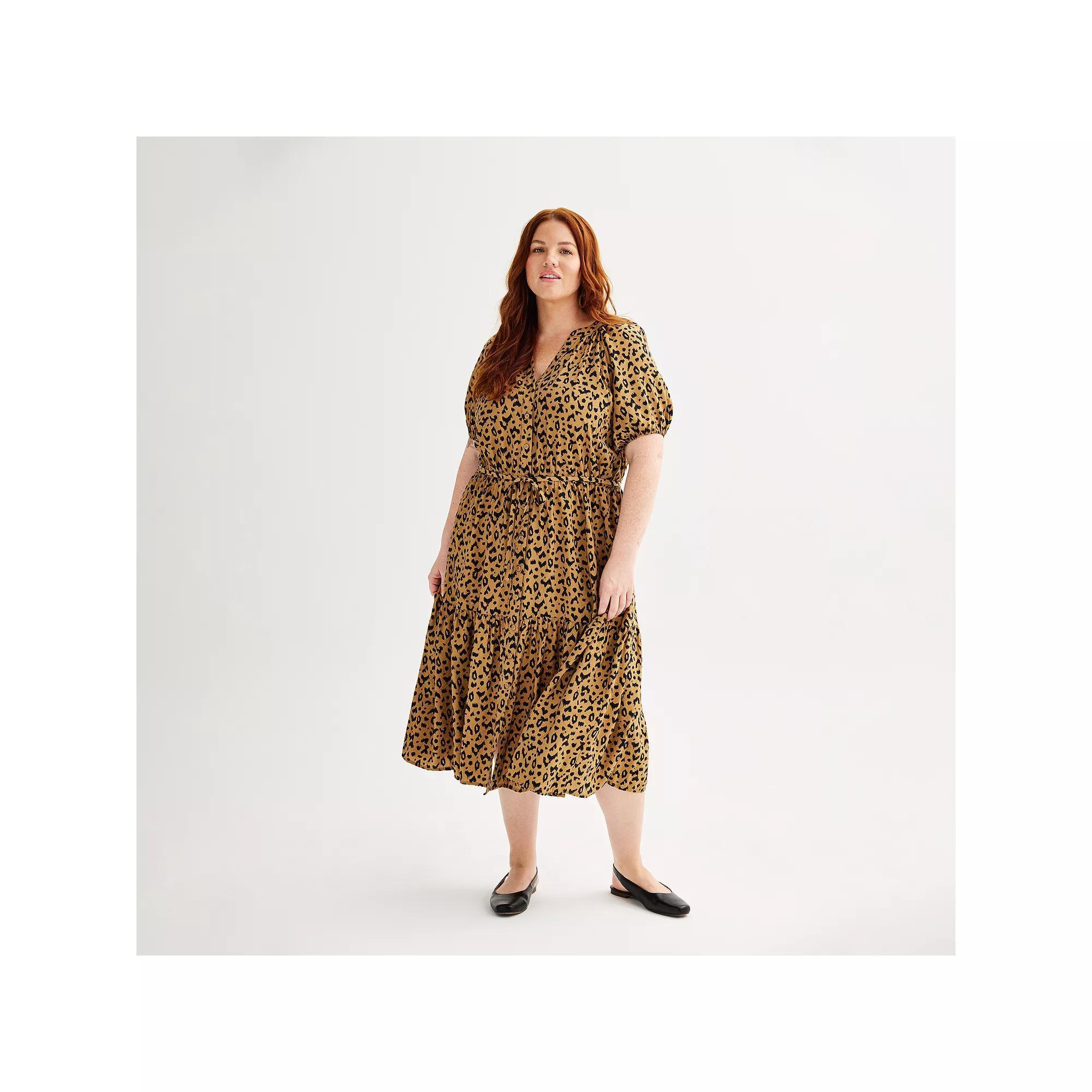 Plus Size Sonoma Goods For Life® Puff Sleeve V-Neck Tiered Midi Dress, Women's, Size: 1XL, Animal Print Product Image
