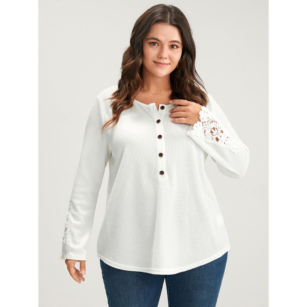 Plus Size Solid Button Up Waffle Knit Long Tee White Women Elegant Plain Plain Round Neck Dailywear T-shirts BloomChic 12/L Product Image