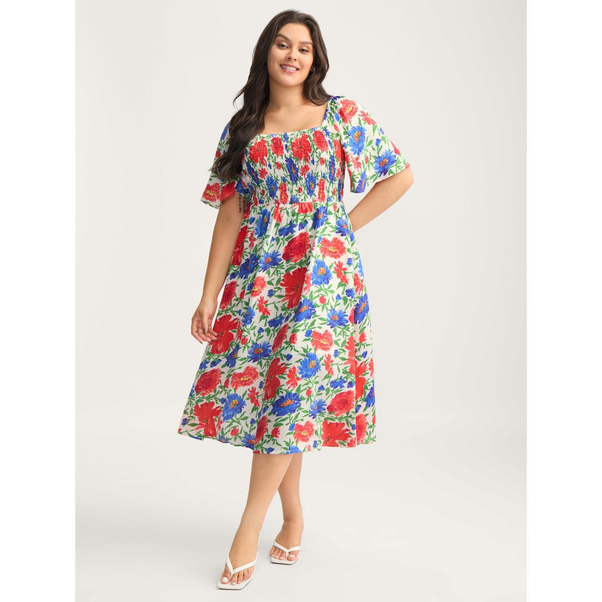 Plus Size Sunkissed Floral Shirred Pockets Midi Dress Multicolor Women Shirred Square Neck Short sleeve Curvy BloomChic 12/L Product Image
