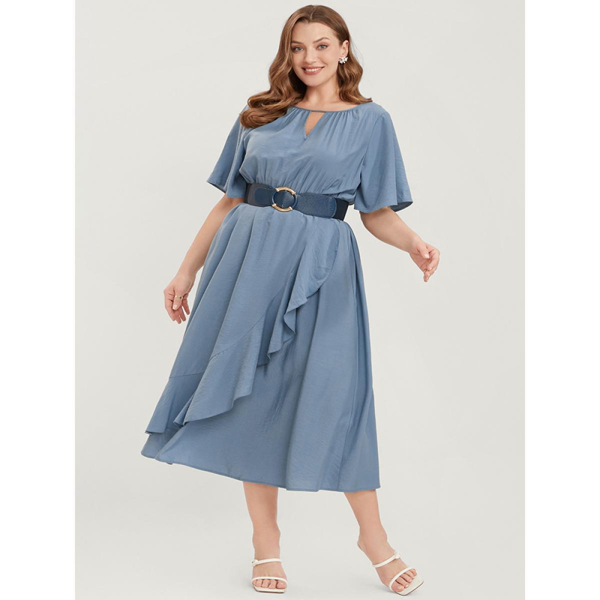 Plus Size Solid Keyhole Round Neck Pocket Ruffle Trim Rib Knit Dress Stone Women Elegant Cut-Out V-neck Short sleeve Curvy Midi Dress BloomChic 10/M Product Image