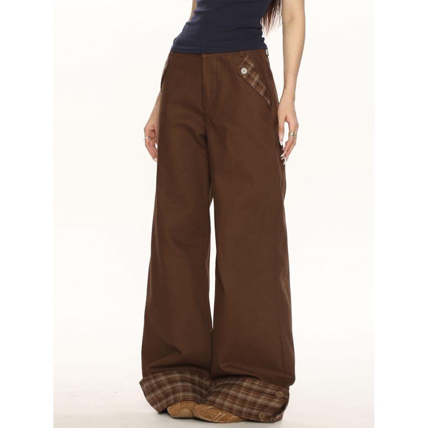 High Waist Plaid Panel Wide Leg Baggy Jeans Product Image