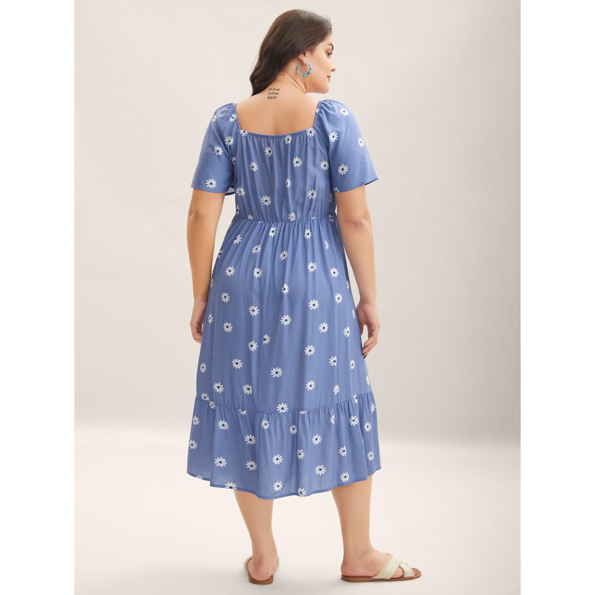 Plus Size Rayon Floral Shirred Midi Dress Mediumblue Women Boho Square Neck Short sleeve Curvy BloomChic 26/4X Product Image