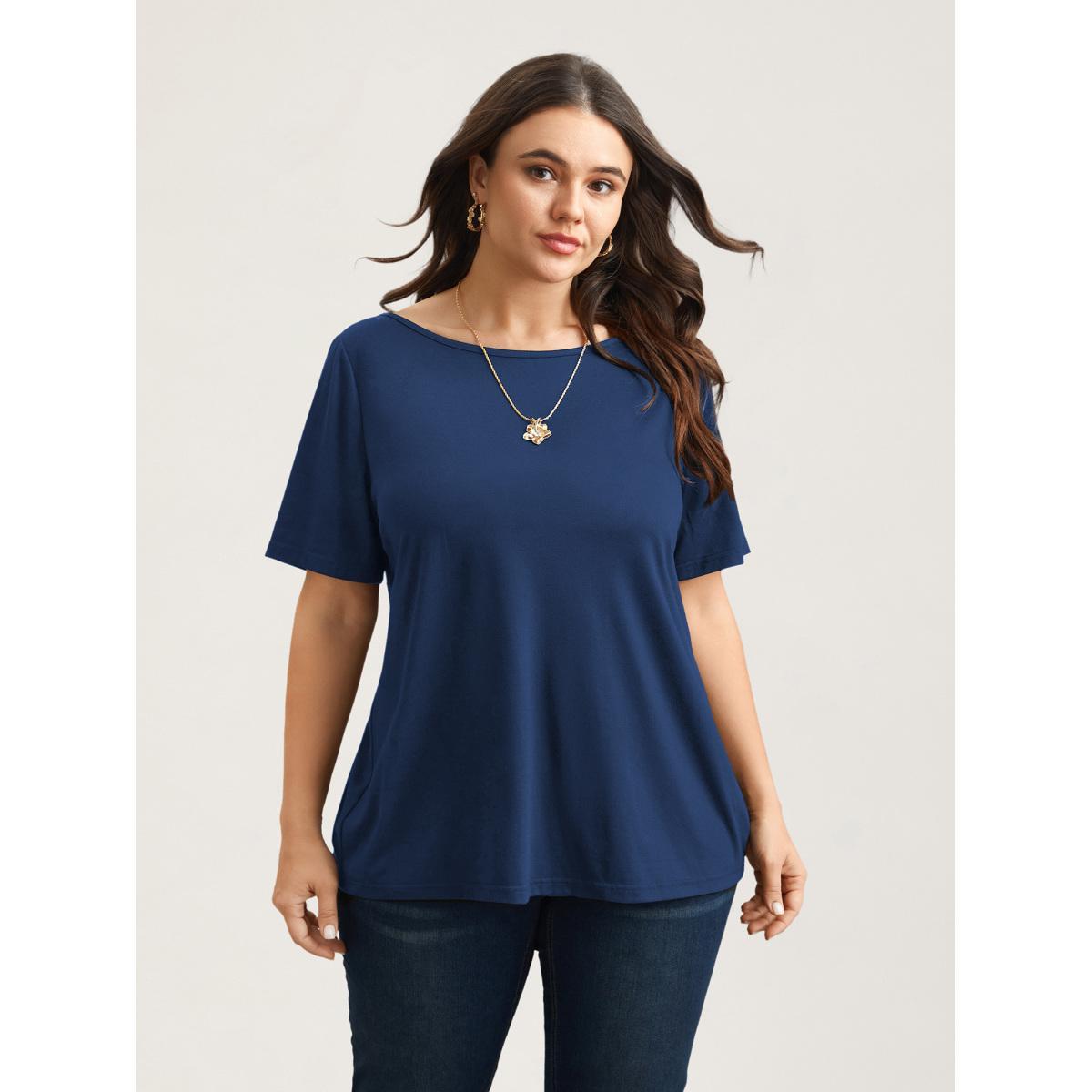 Plus Size Butterfly Back Stretchy Round Neck T-Shirt Indigo Women Leisure See through Round Neck Casual T-shirts BloomChic 12/L Product Image