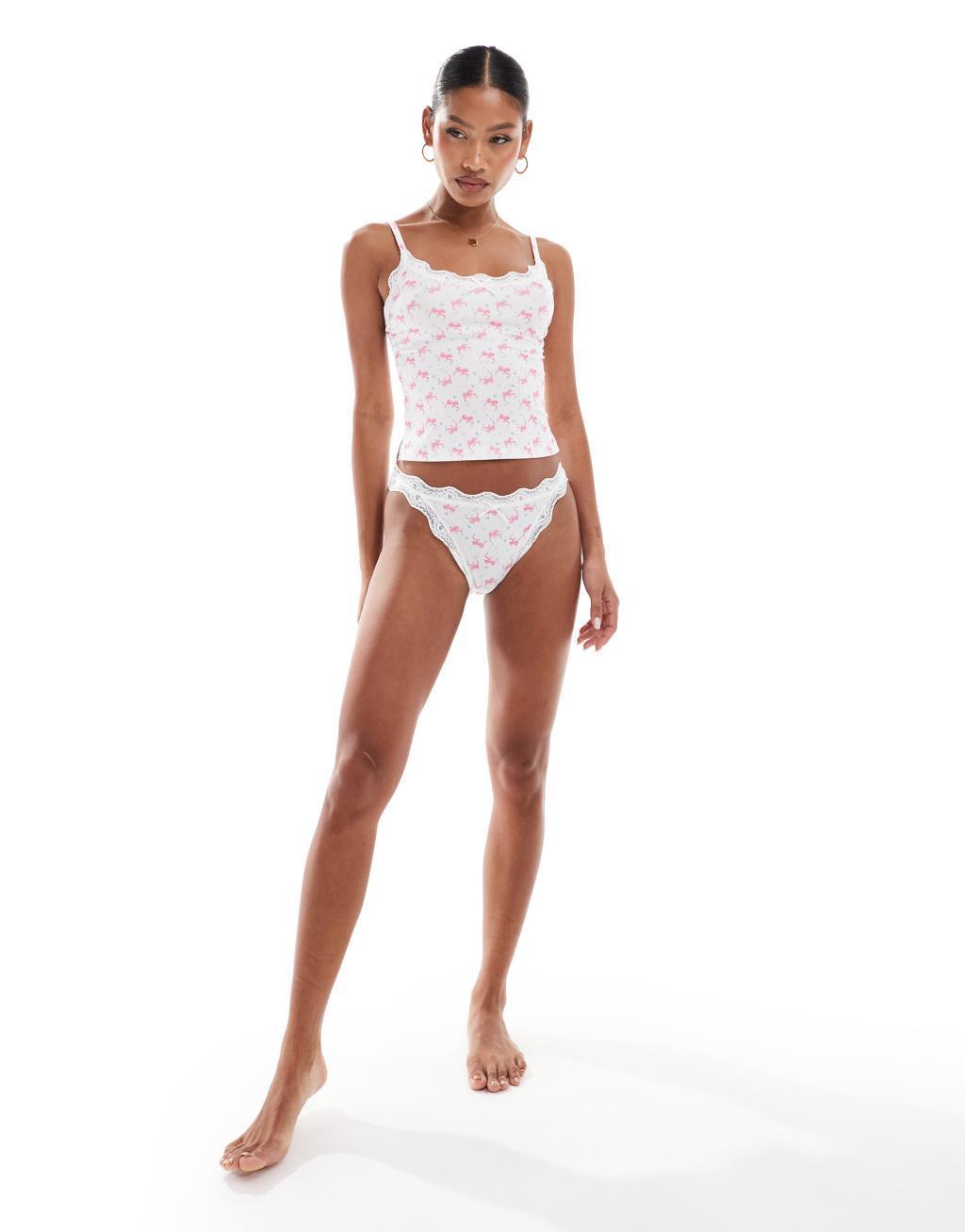 ASOS DESIGN Cassie ribbed tank top and briefs set in bow & ditsy print Product Image