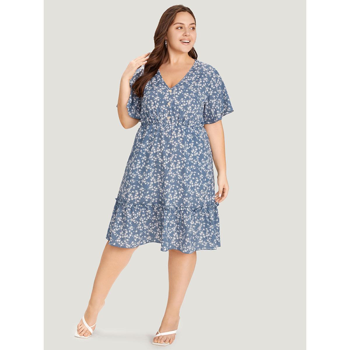 Plus Size Ditsy Floral Elastic Waist Button Detail Pocket Ruffles Dress LightBlue Women Elegant V-neck Short sleeve Curvy Midi Dress BloomChic 28/5X Product Image