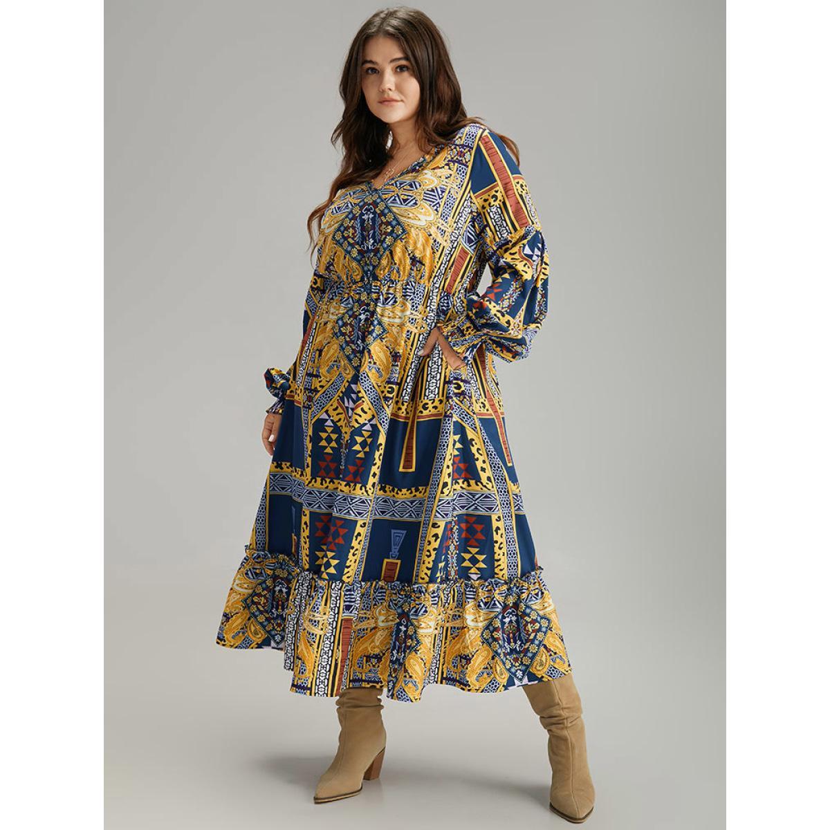 Plus Size Boho Print Shirred Pocket Ruffle Hem Dress DarkBlue Women Vacation Printed V-neck Long Sleeve Curvy Midi Dress BloomChic 12/L Product Image