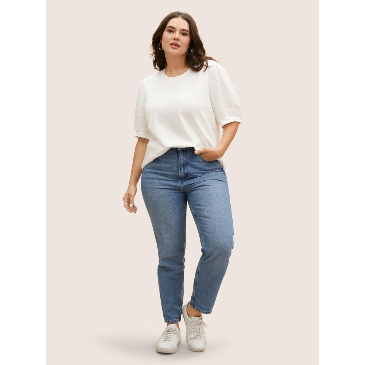 Plus Size Plain Textured Patchwork Lantern Sleeve T-Shirt WhiteSmoke Women Leisure Texture Round Neck Casual T-shirts BloomChic 14-16/1X Product Image