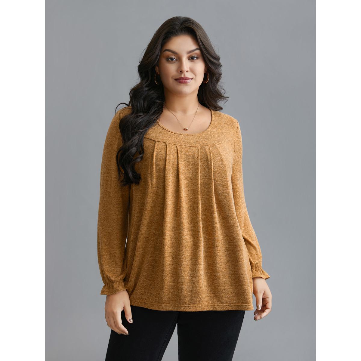 Plus Size Round Neck Heather Pleated T-shirt Turmeric Women Elegant Pleated Round Neck Loose Everyday T-shirts BloomChic 18-20/2X Product Image