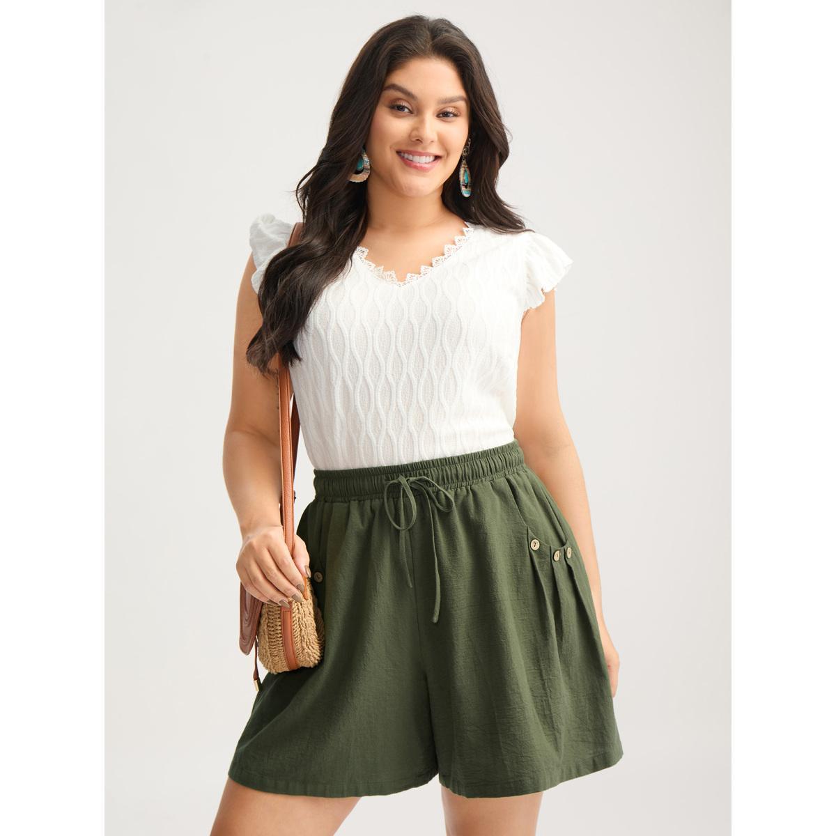 Plus Size Cotton Drawstring Waist Straight-Leg Shorts Women ArmyGreen Boho Drawstring Straight Leg Vacation Shorts BloomChic 26/4X Product Image