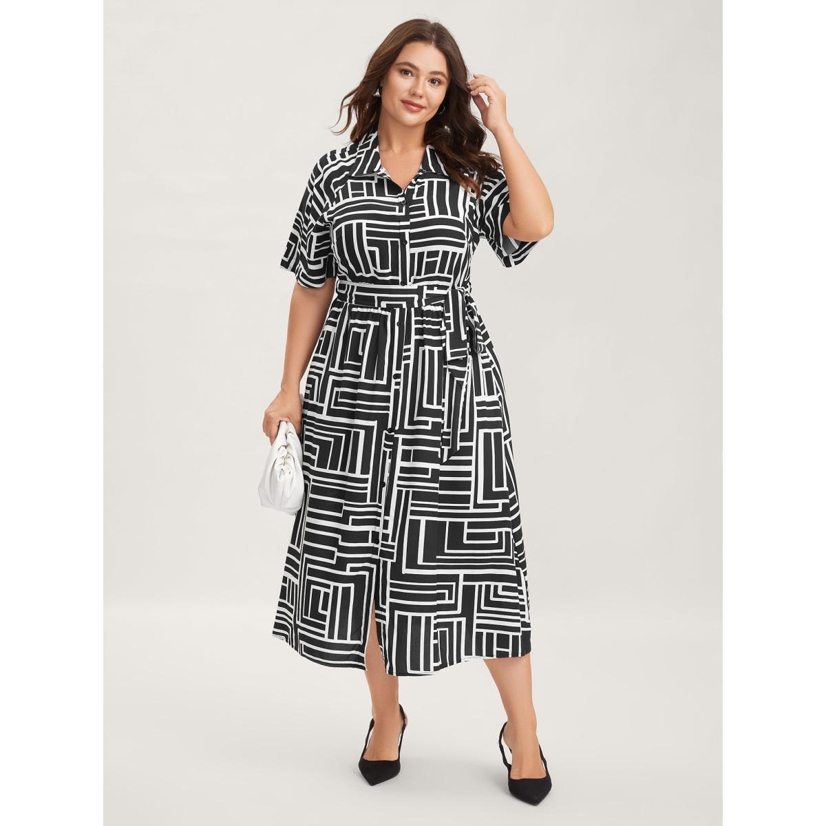 Plus Size Geometric Print Monochrome Shirt Dress Black Women Shirt collar Short sleeve Curvy BloomChic 14-16/1X Product Image