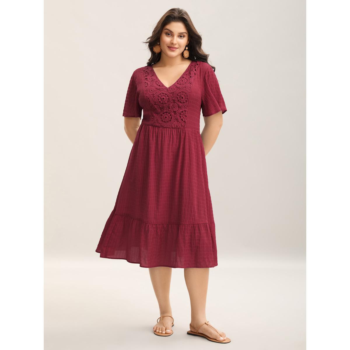 Plus Size Lace Textured Pockets Tiered Midi Dress Burgundy Women Boho V-neck Short sleeve Curvy BloomChic 10/M Product Image