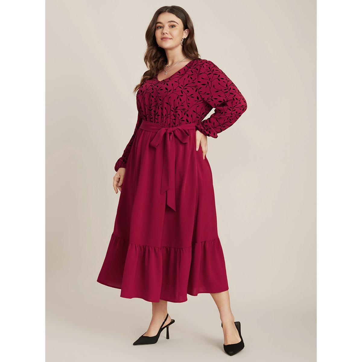 Plus Size Plant Print Lantern Sleeve Pocket Belted Ruffles Hem Dress Burgundy Women Elegant Patchwork V-neck Long Sleeve Curvy Midi Dress BloomChic 28/5X Product Image