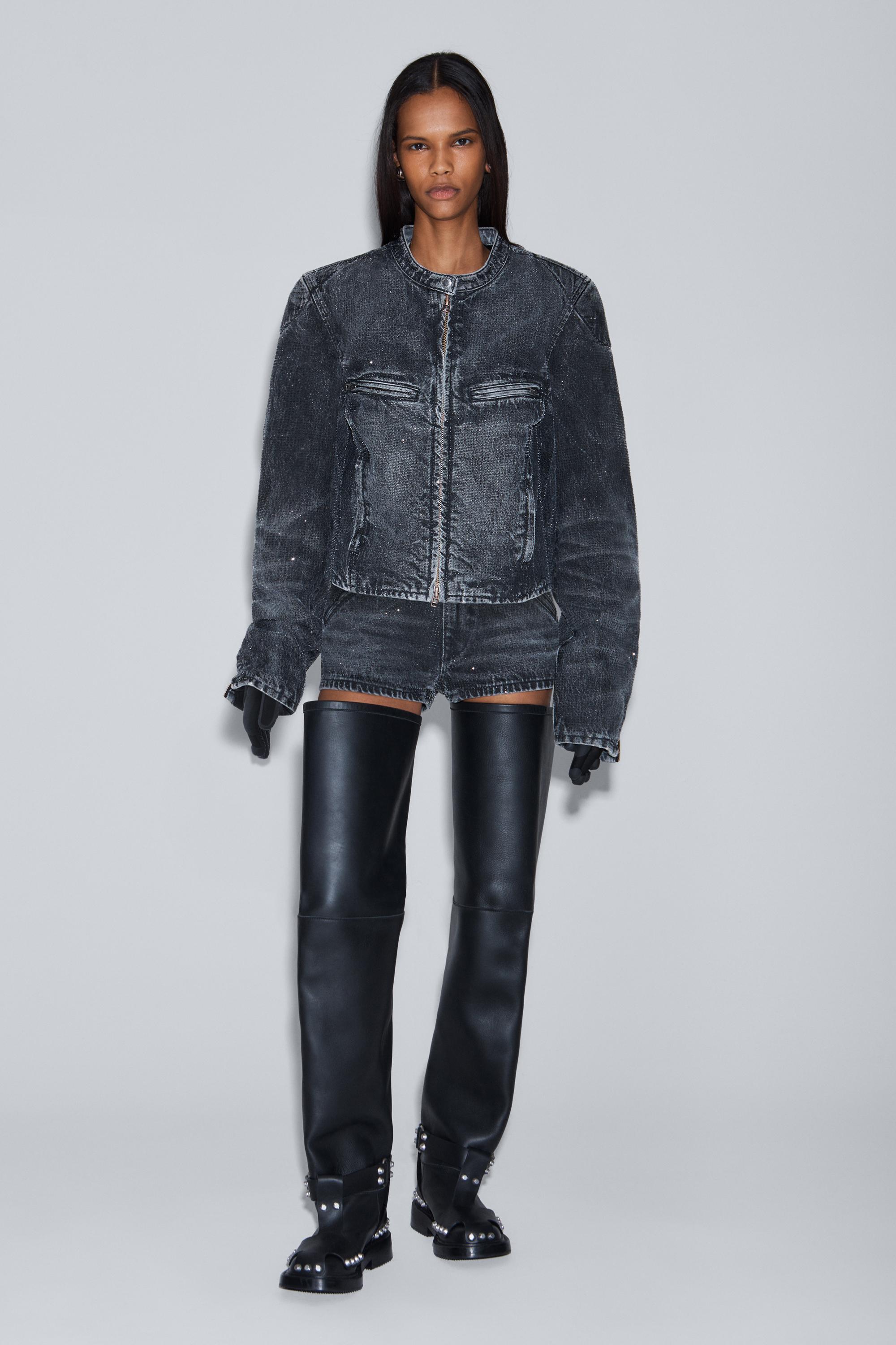 Clear Crystal Hotfix Moto Jacket In Crackle Grey Wash Denim Product Image