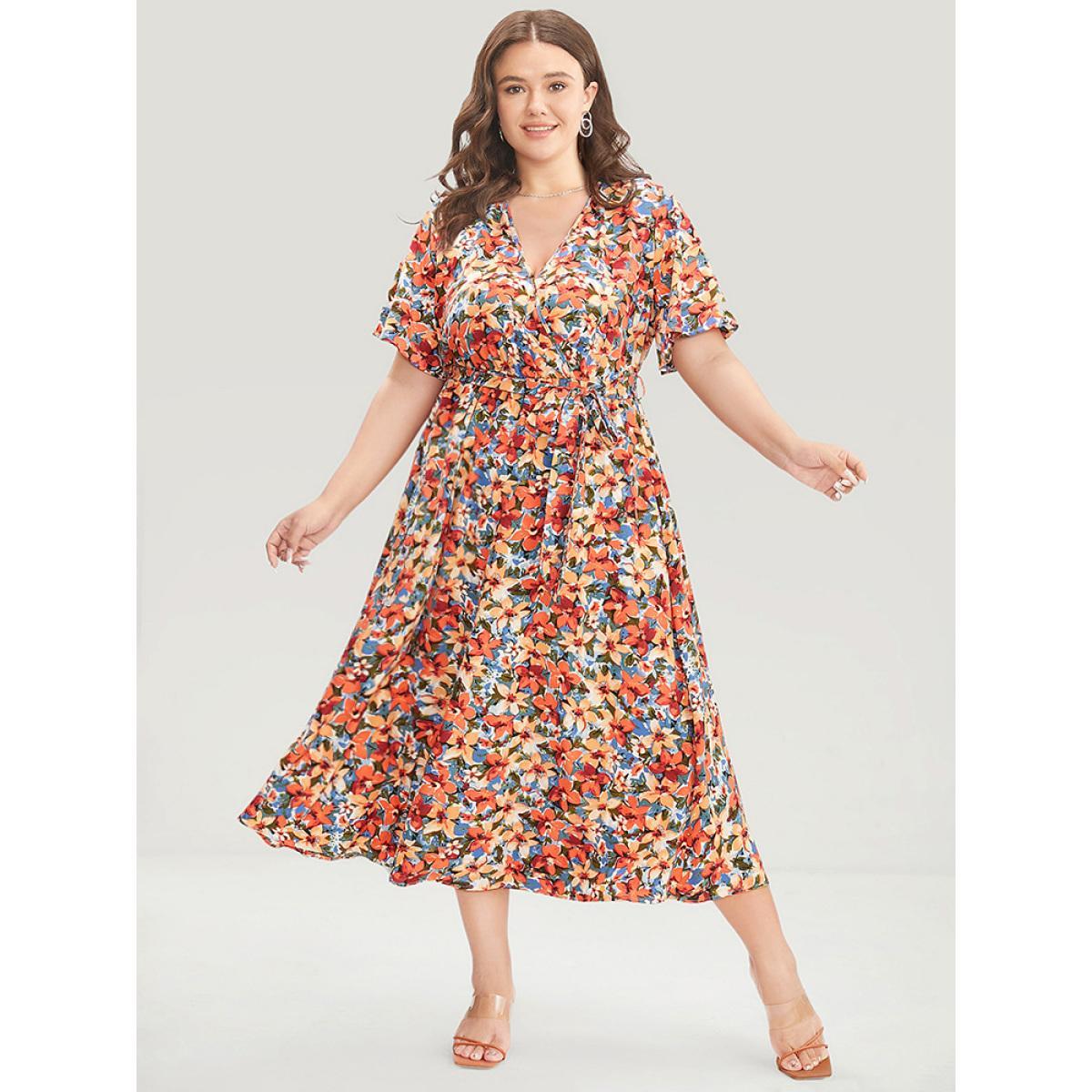 Plus Size Floral Printed Ruffle Sleeve Pocket Surplice Neck Flutter Dress Multicolor Women Elegant Cross straps V-neck Short sleeve Curvy Midi Dress BloomChic 12/L Product Image