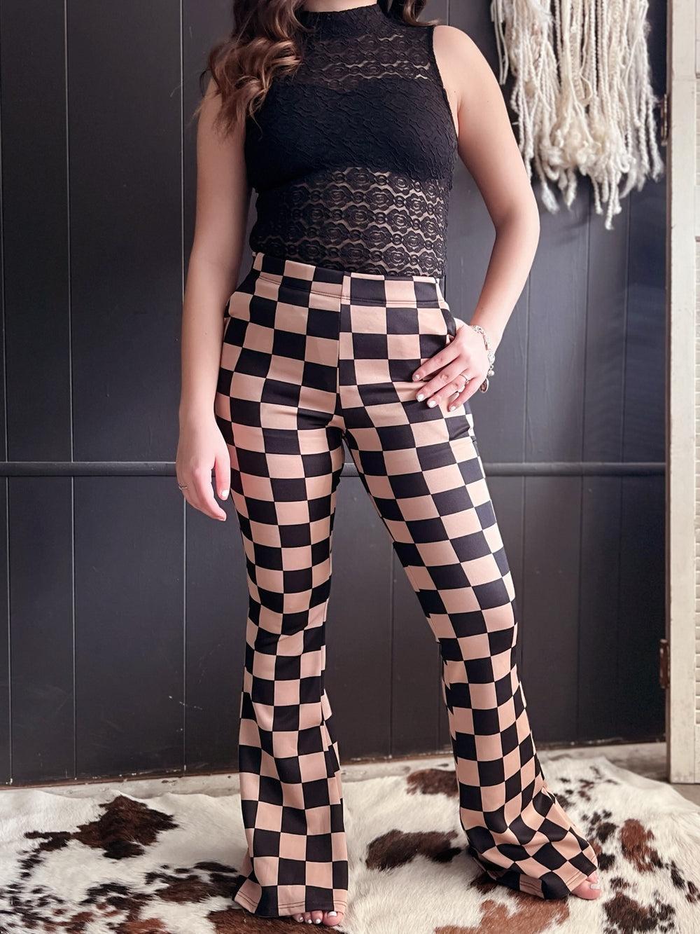 Black & Mocha Checkered Trouser Pants Product Image