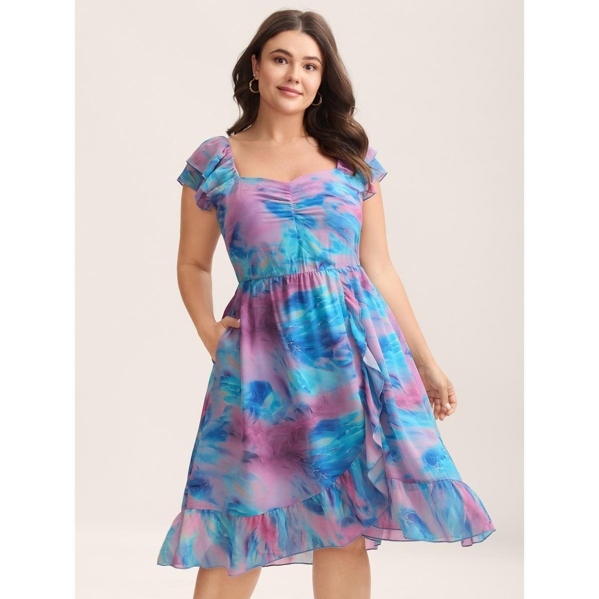 Plus Size Color Blend Stretchy Waist Pockets Midi Dress Skyblue Women Heart neckline Sleeveless Curvy BloomChic 22-24/3X Product Image