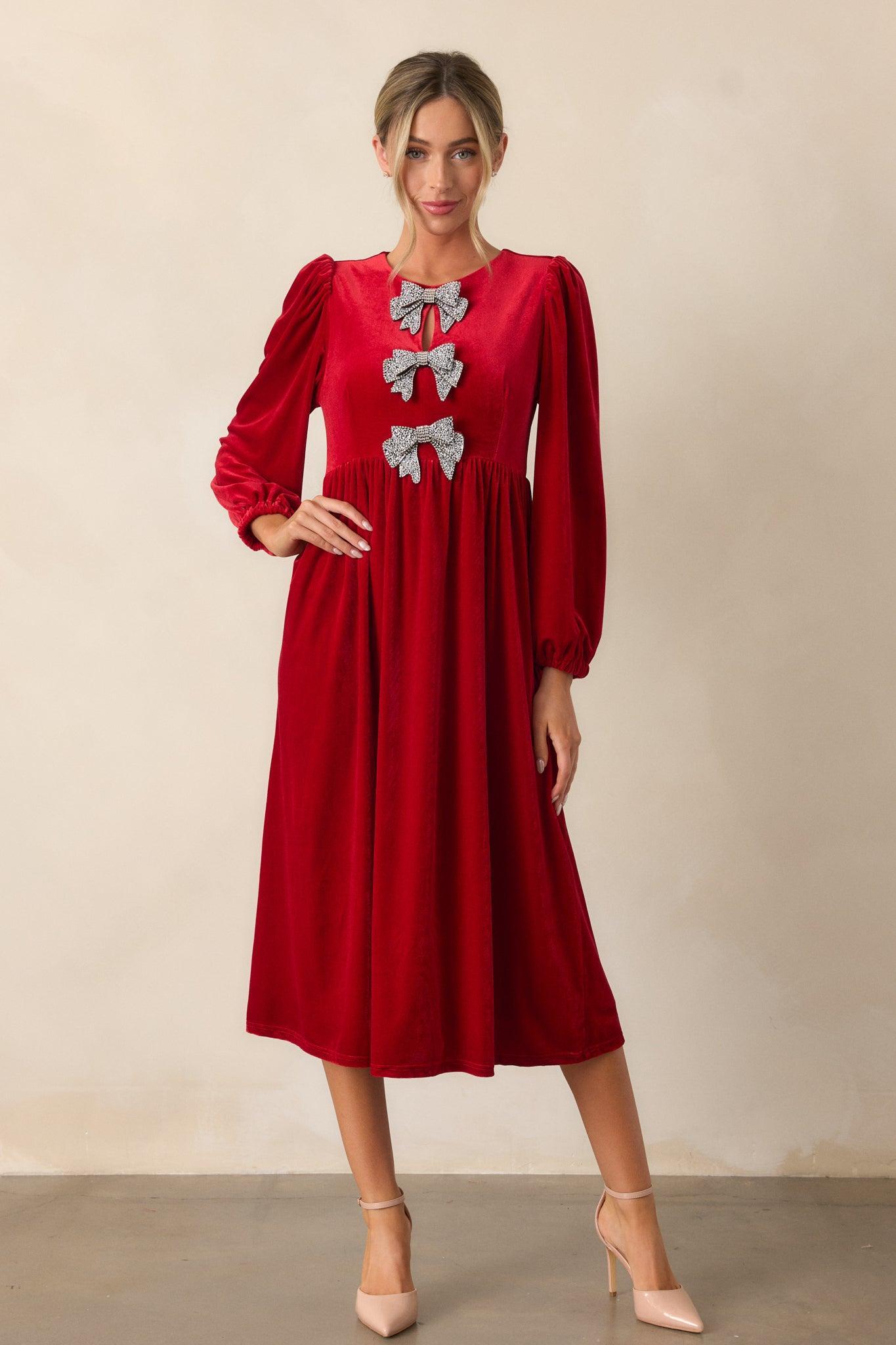 Moments To Treasure Red Velvet Midi Dress Product Image