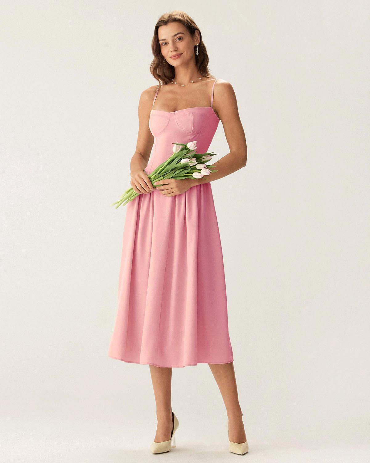 Pink Square Neck Pocket Slip Midi Dress Product Image