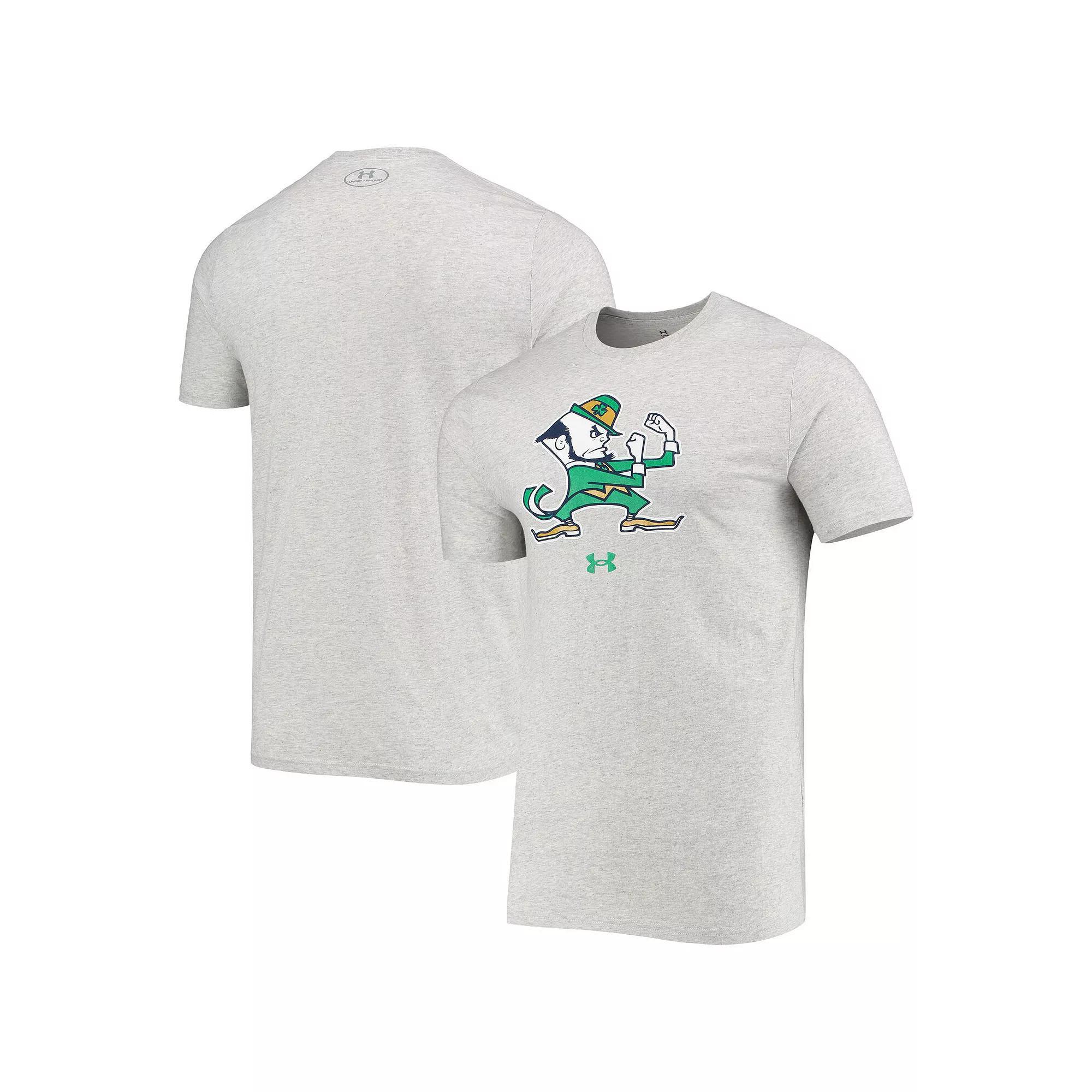 Men's Under Armour Heathered Gray Notre Dame Fighting Irish Mascot Logo Performance Cotton T-Shirt, Size: 3XL, Grey Product Image