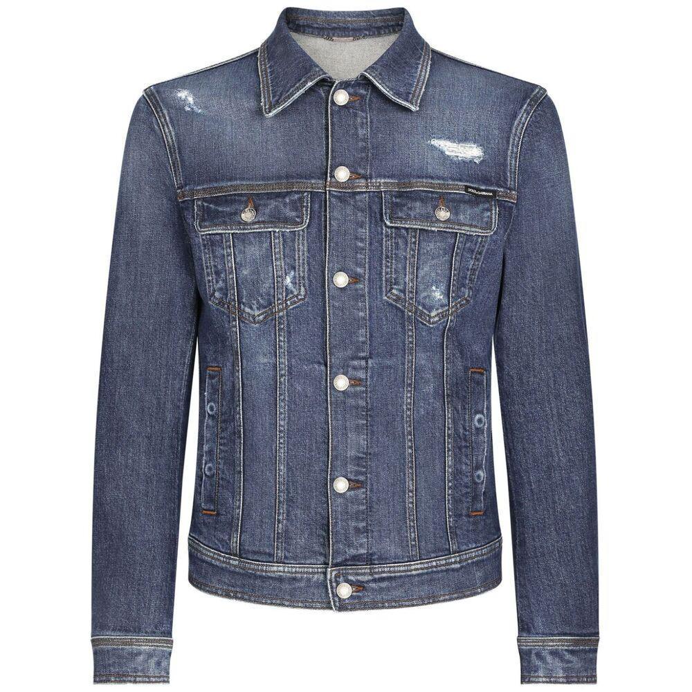 Distressed Stretch Cotton Denim Jacket In Blue Product Image