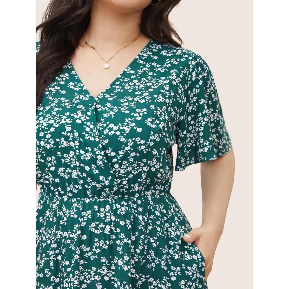 Plus Size Bloom Dress - Flutter Sleeve Ditsy Floral Pocket Split Maxi Dress LightGreen Women Romantic Slit V-neck Half Sleeve Curvy Long Dress BloomChic 10/M Product Image