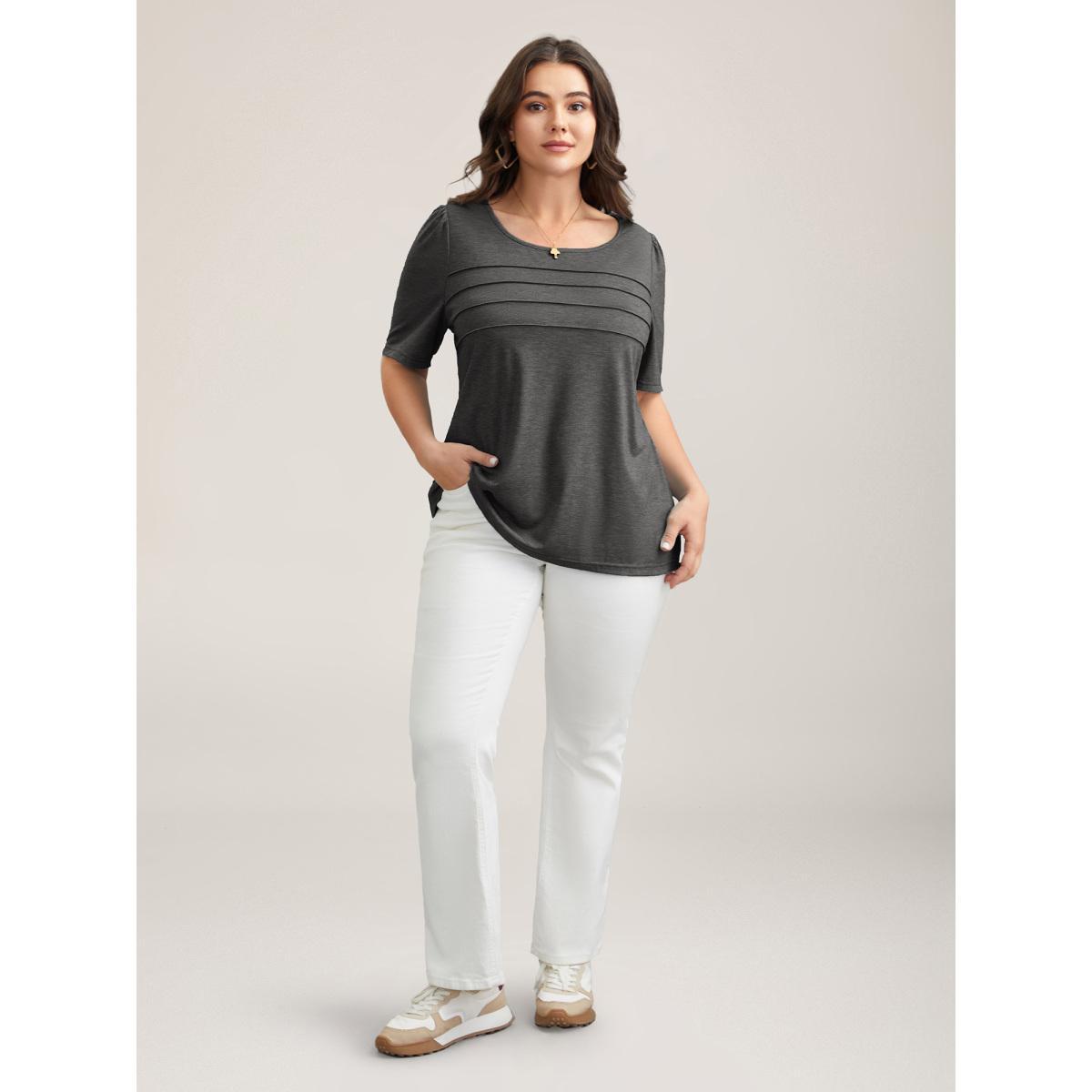 Plus Size Seamed Round Neck Fitted T-Shirt DarkGray Women Leisure Tucked seam Round Neck Casual T-shirts BloomChic 26/4X Product Image
