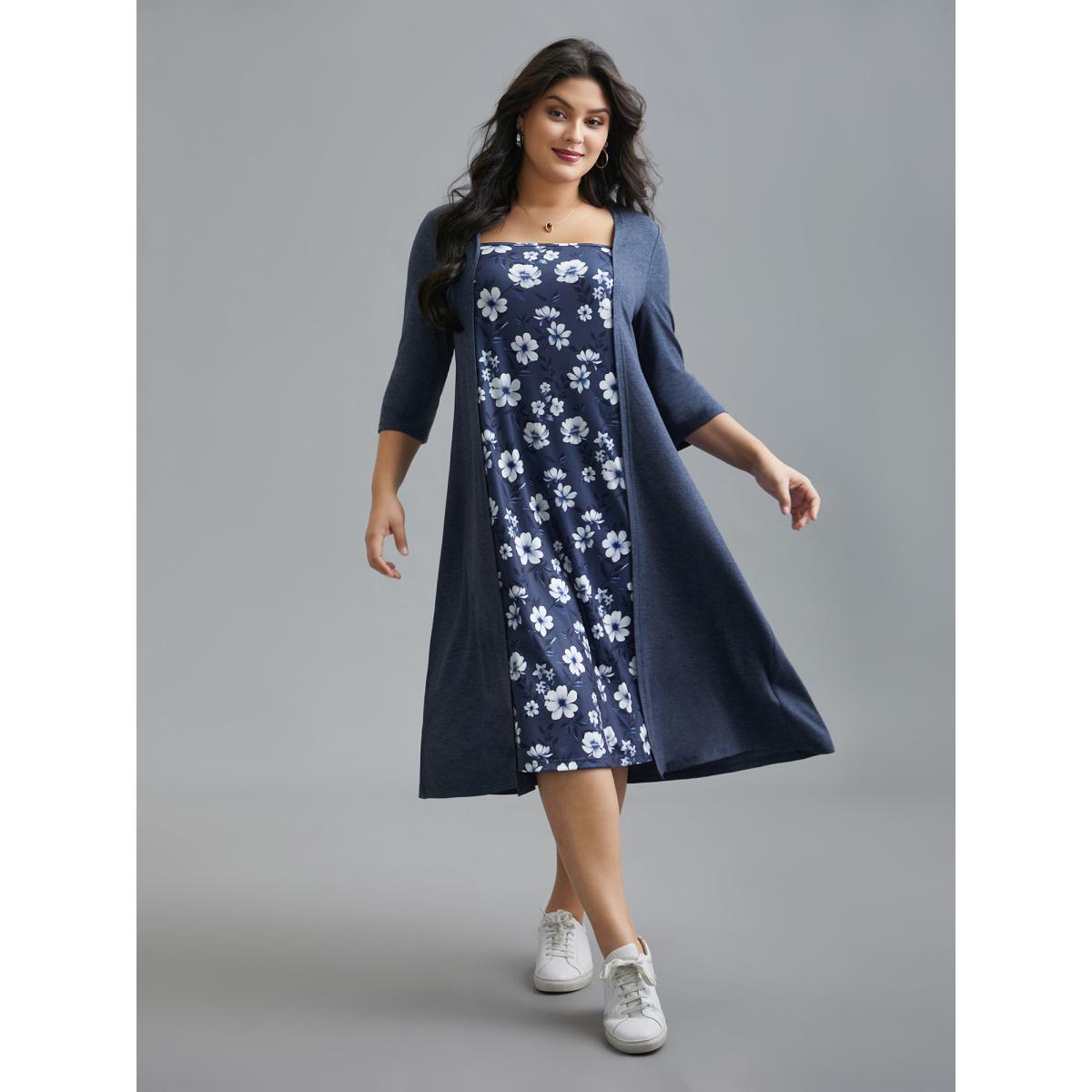 Plus Size 2-In-1 Square Neck Floral Dress DarkBlue Women Casual Patchwork Knit Dresses Bloomchic 12/L Product Image