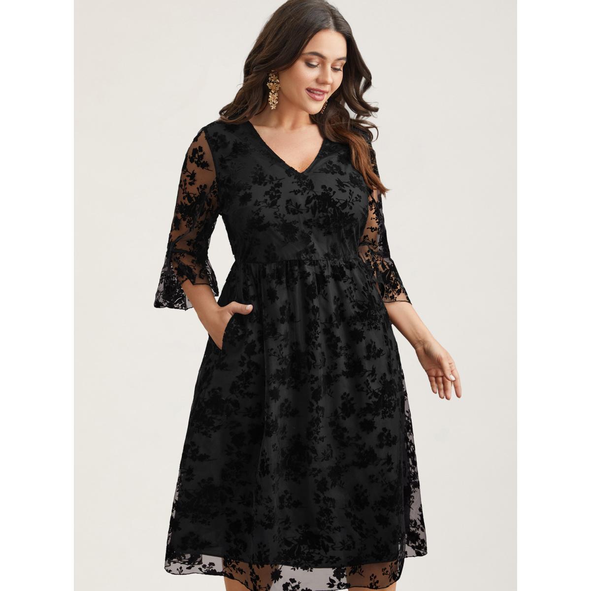 Plus Size Sheer Textured Waist-Cinched Midi Dress Black Women Elegant Texture V-neck Elbow-length sleeve Curvy BloomChic 30/6X Product Image