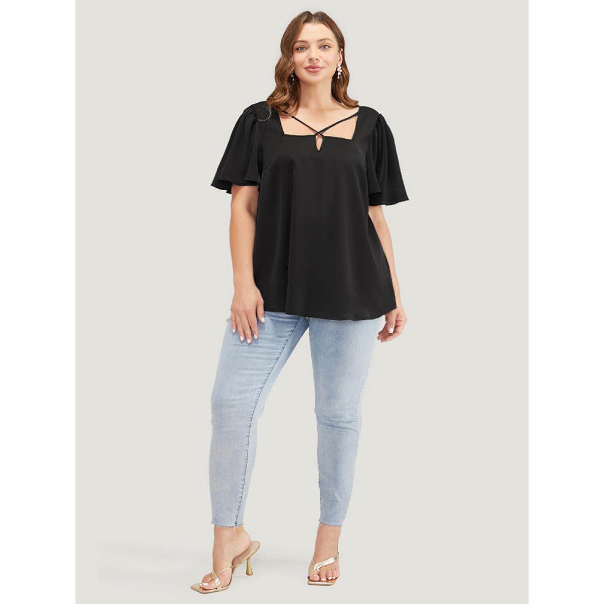 Plus Size Black Solid Crisscross Notched Square Neck Ruffle Sleeve Blouse Women Elegant Short sleeve Notched collar Dailywear Blouses BloomChic 10/M Product Image