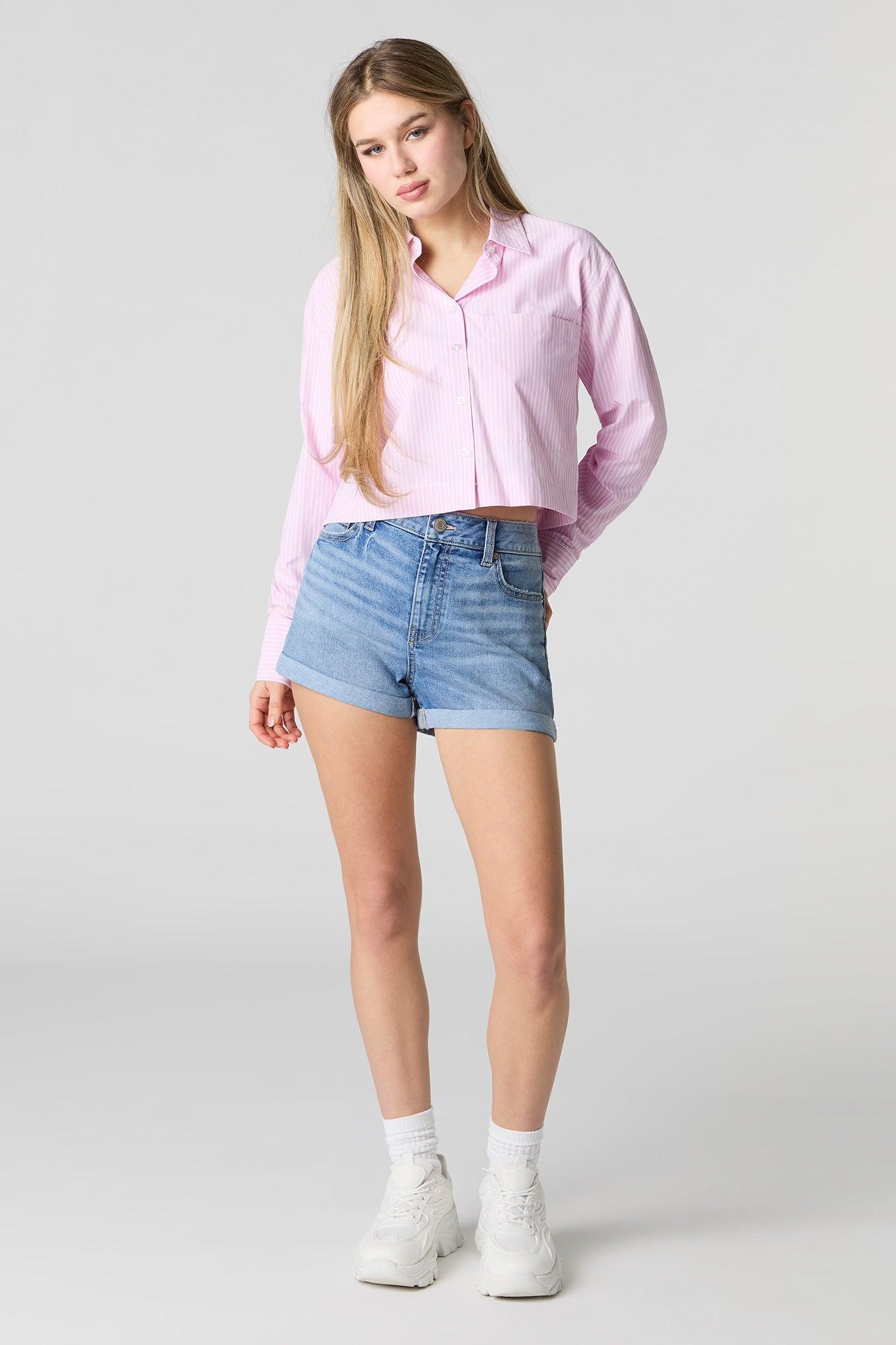 Poplin Cropped Button-Up Long Sleeve Top Female Product Image