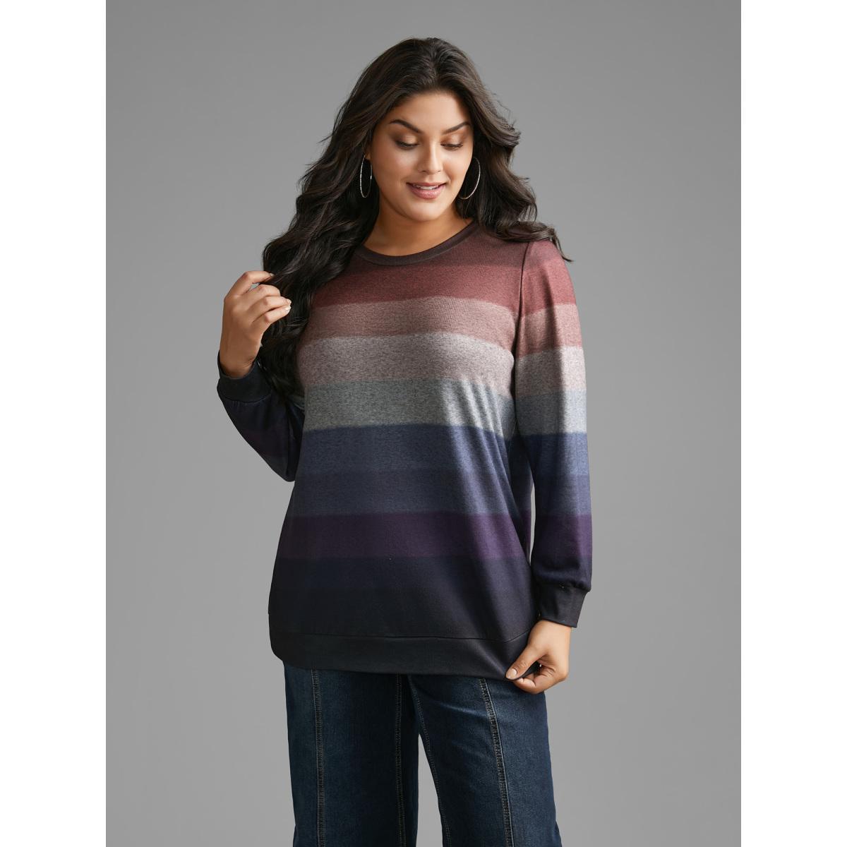 Plus Size Ombre Contrast Round Neck Sweatshirt Women Multicolor Casual Contrast Loose Round Neck Everyday Sweatshirts BloomChic 10/M Product Image