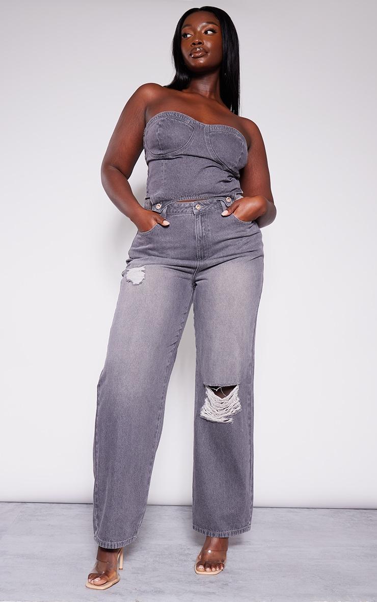 Plus Washed Grey Detachable Bandeau Denim Jumpsuit  Product Image