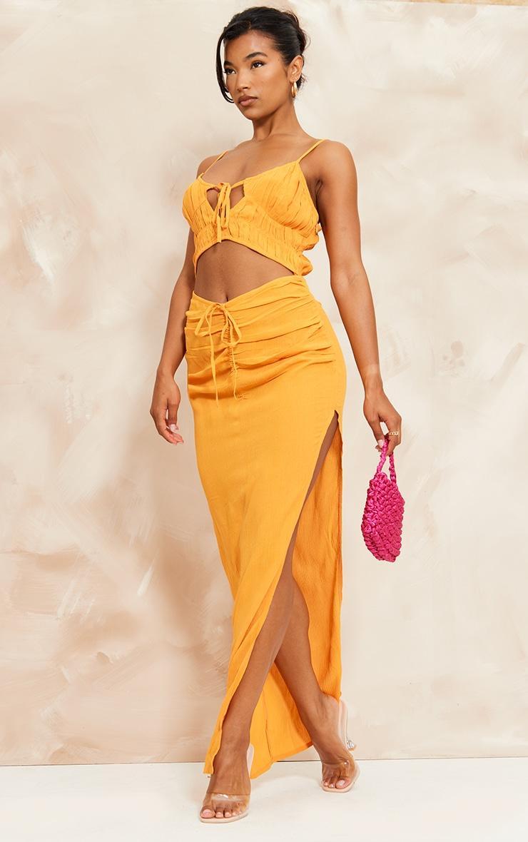 Orange Linen Look Shirred Bust Cut Out Ruched Strappy Maxi Dress Product Image