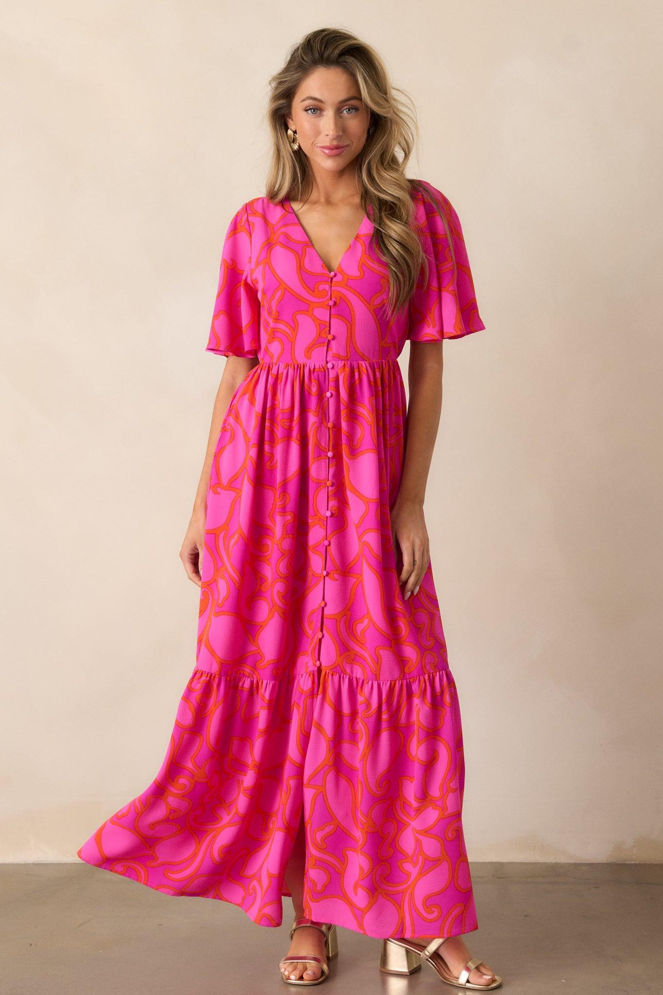 Budding Hearts Magenta Floral Button Front Maxi Dress Product Image