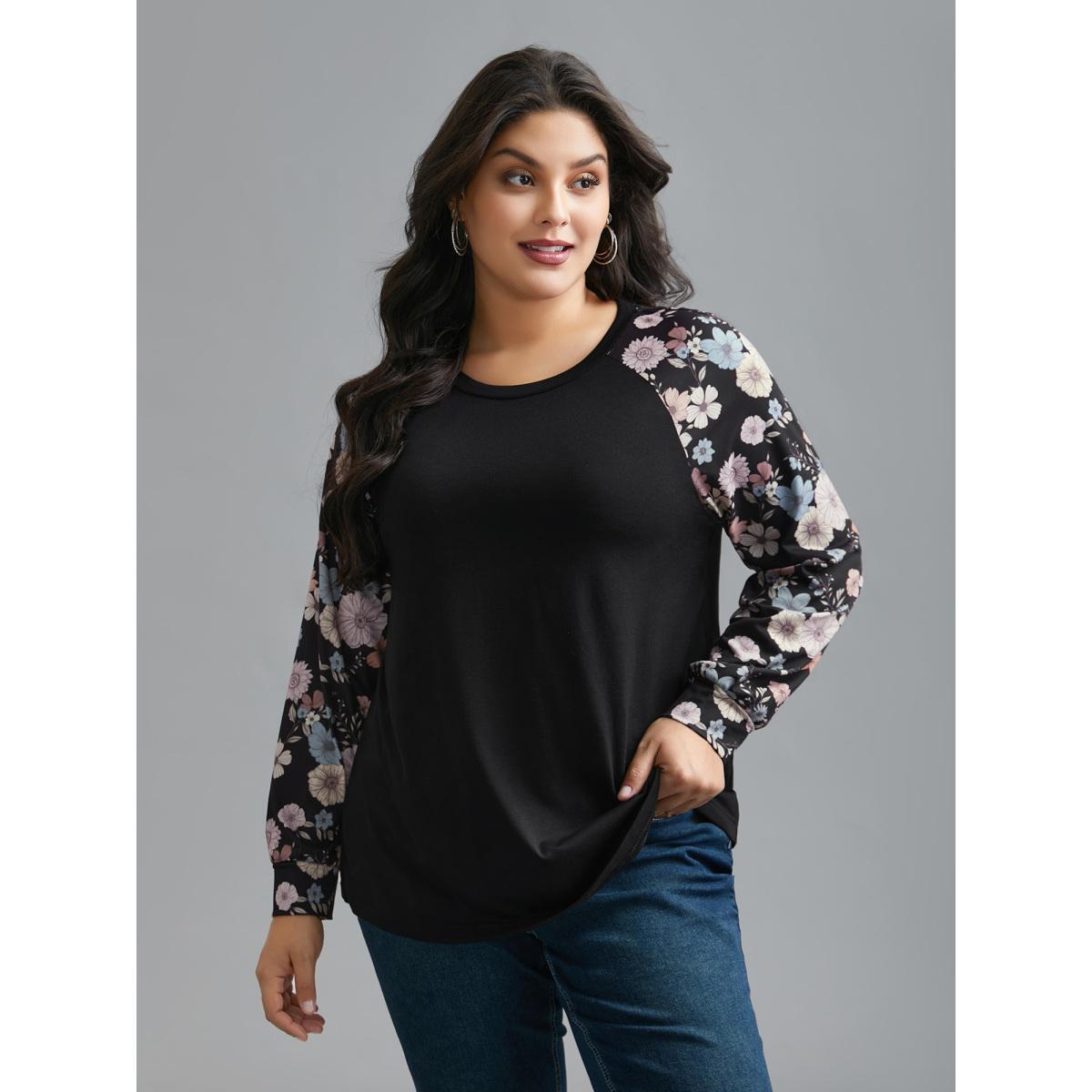 Plus Size Floral Raglan Sleeve Contrast Fabric T-Shirt Black Women Casual Contrast Natural Flowers Round Neck Everyday T-shirts BloomChic 28/5X Product Image
