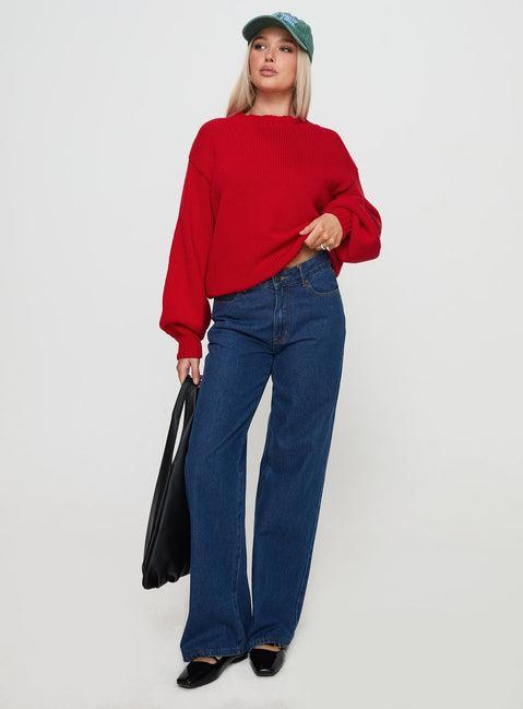 Harmony Balloon Sleeve Knit Sweater Red Product Image