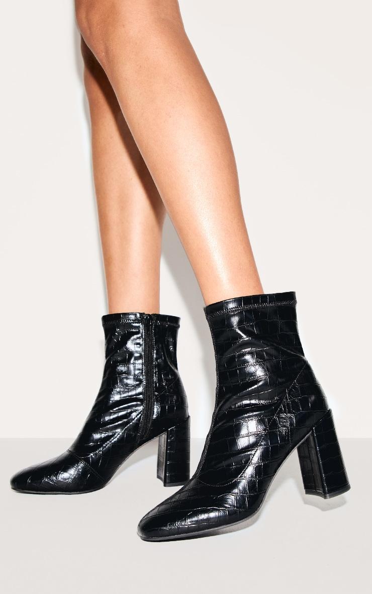 Black Croc Pu Round Toe Heeled Ankle Sock Boots Product Image