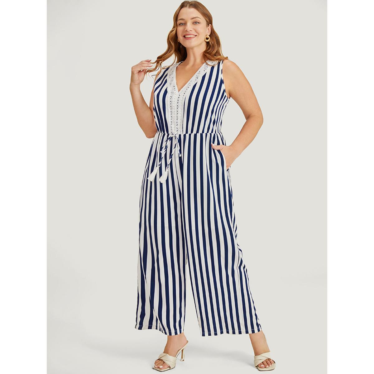 Plus Size DarkBlue Striped Print Contrast Lace Pocket Knot Tassels Tank Jumpsuit Women Office Sleeveless V-neck Office Loose Jumpsuits BloomChic 14-16/1X Product Image