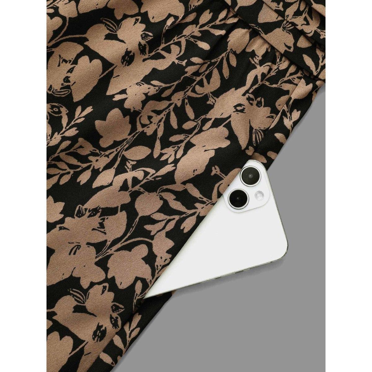 Plus Size Floral Mock Neck Ruffles Pleated Waist Dress Black Women Elegant Frill Trim Mock Neck Long Sleeve Curvy BloomChic 10/M Product Image