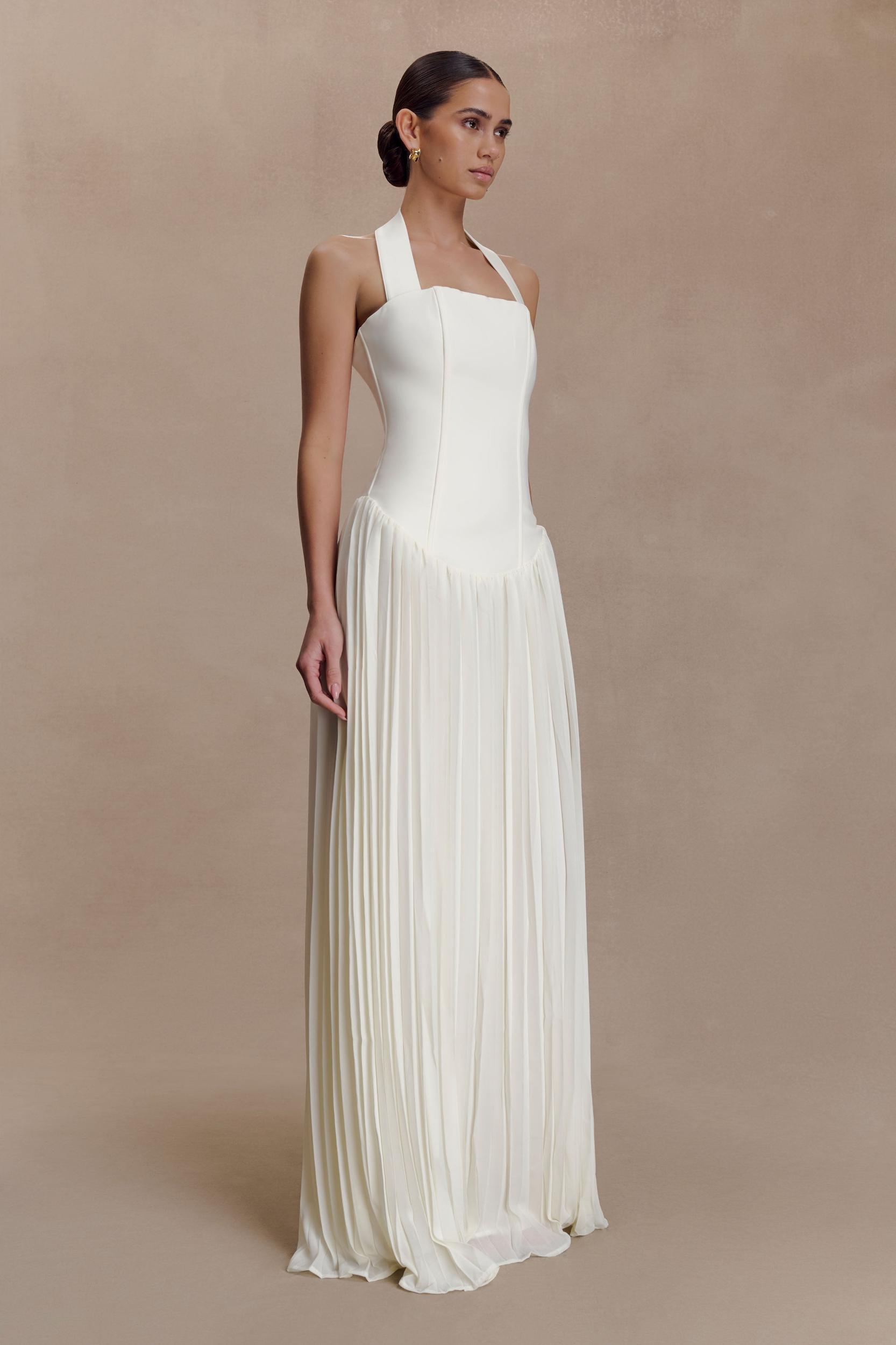 Stacie Pleated Halter Maxi Dress - Ivory Product Image