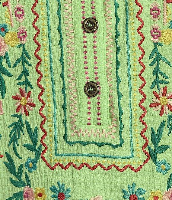 Calessa Petite Size Embroidered Floral Patchwork Split V-Neck 3/4 Sleeve Tunic Product Image