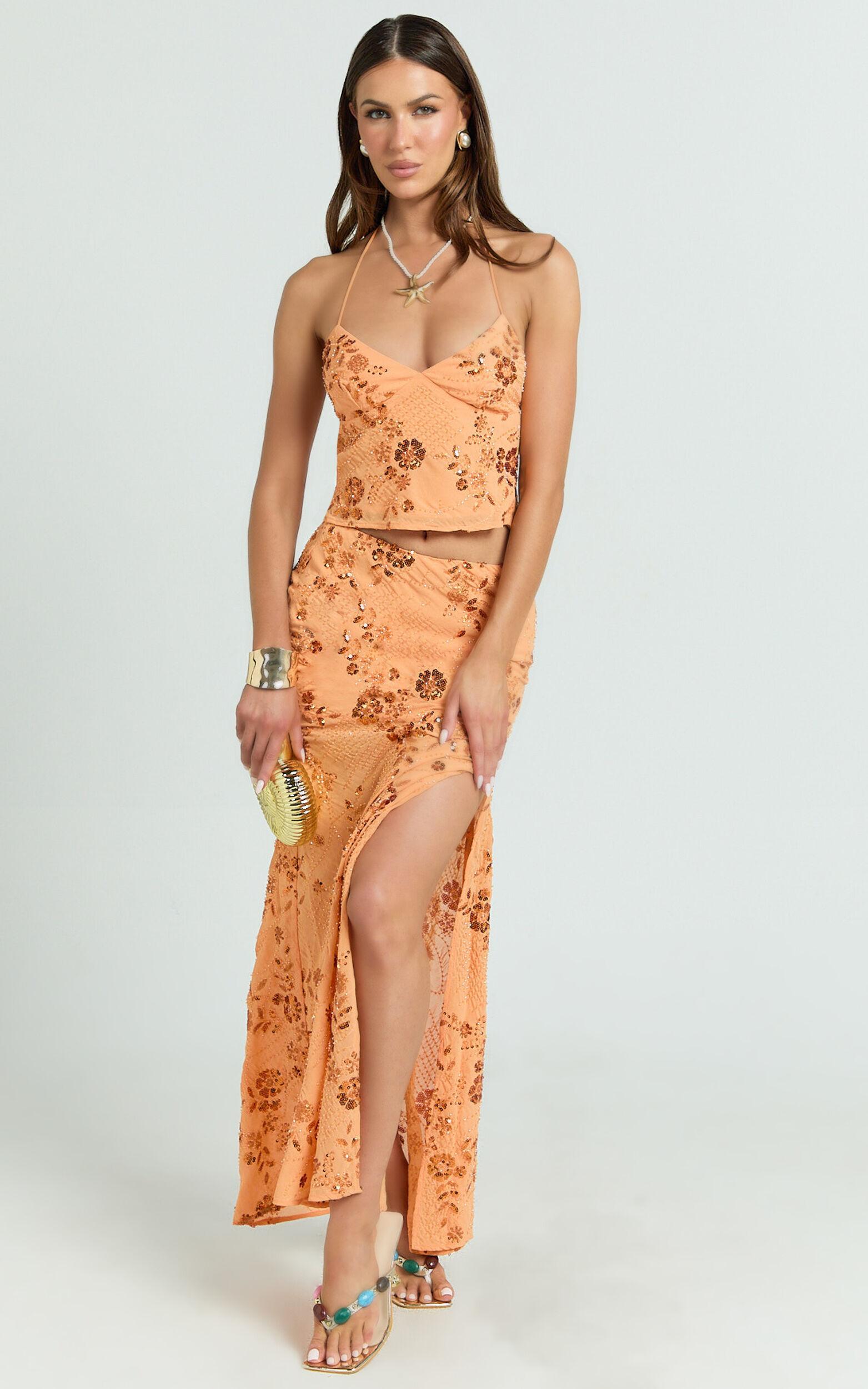 Petunia Top -  Sequin Halter Neck Top in Orange Product Image