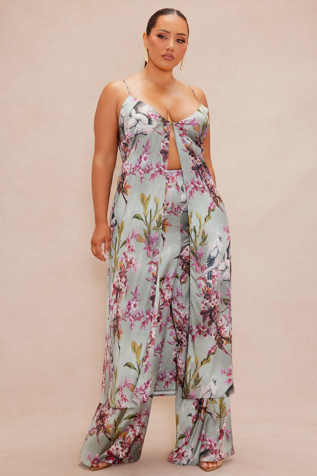 Guiselle Flyaway Satin Pant Set - Sage/combo Product Image