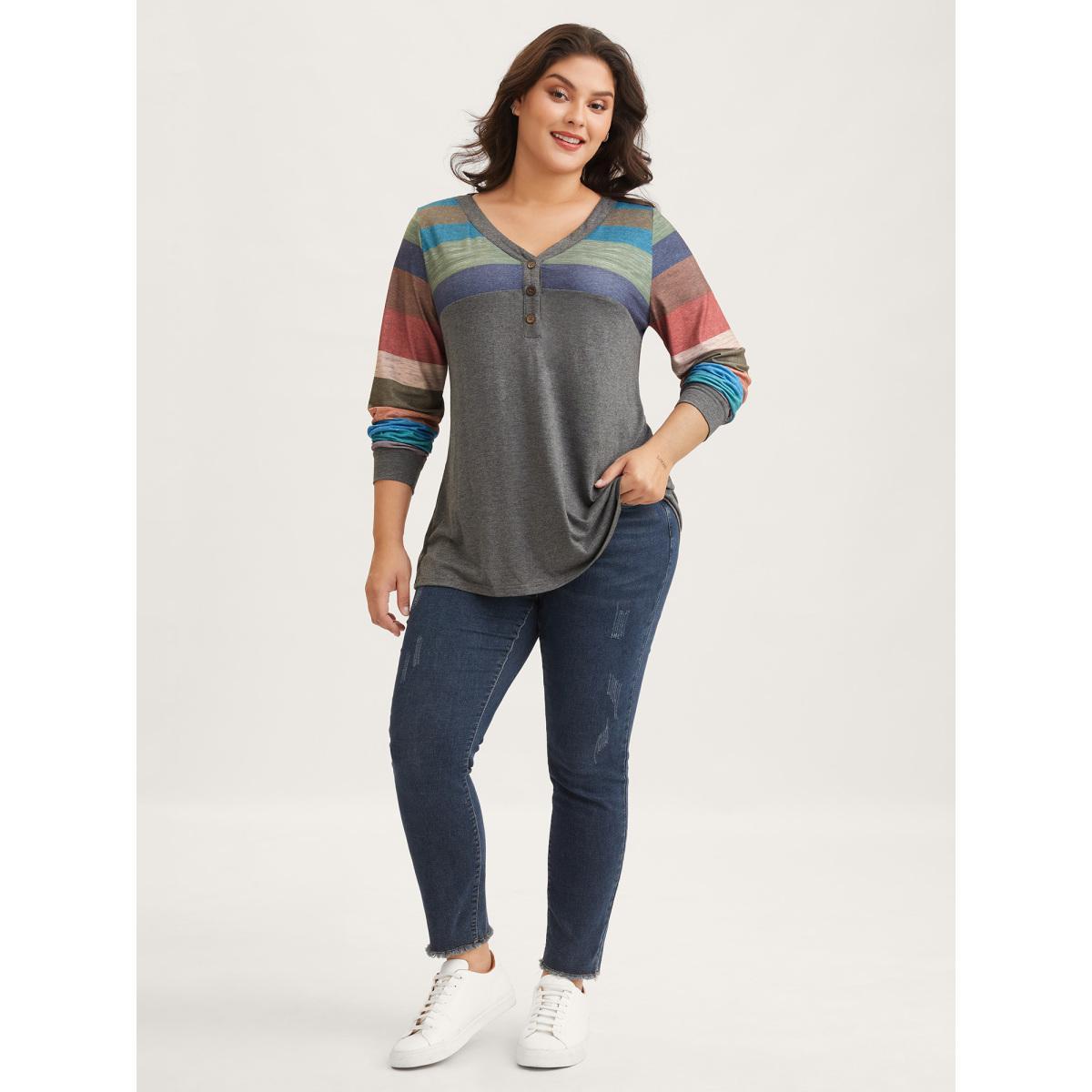 Plus Size Colorblock Contrast V Neck Button Up T-shirt Multicolor Women Leisure Elastic cuffs Striped V-neck Casual T-shirts BloomChic 22-24/3X Product Image