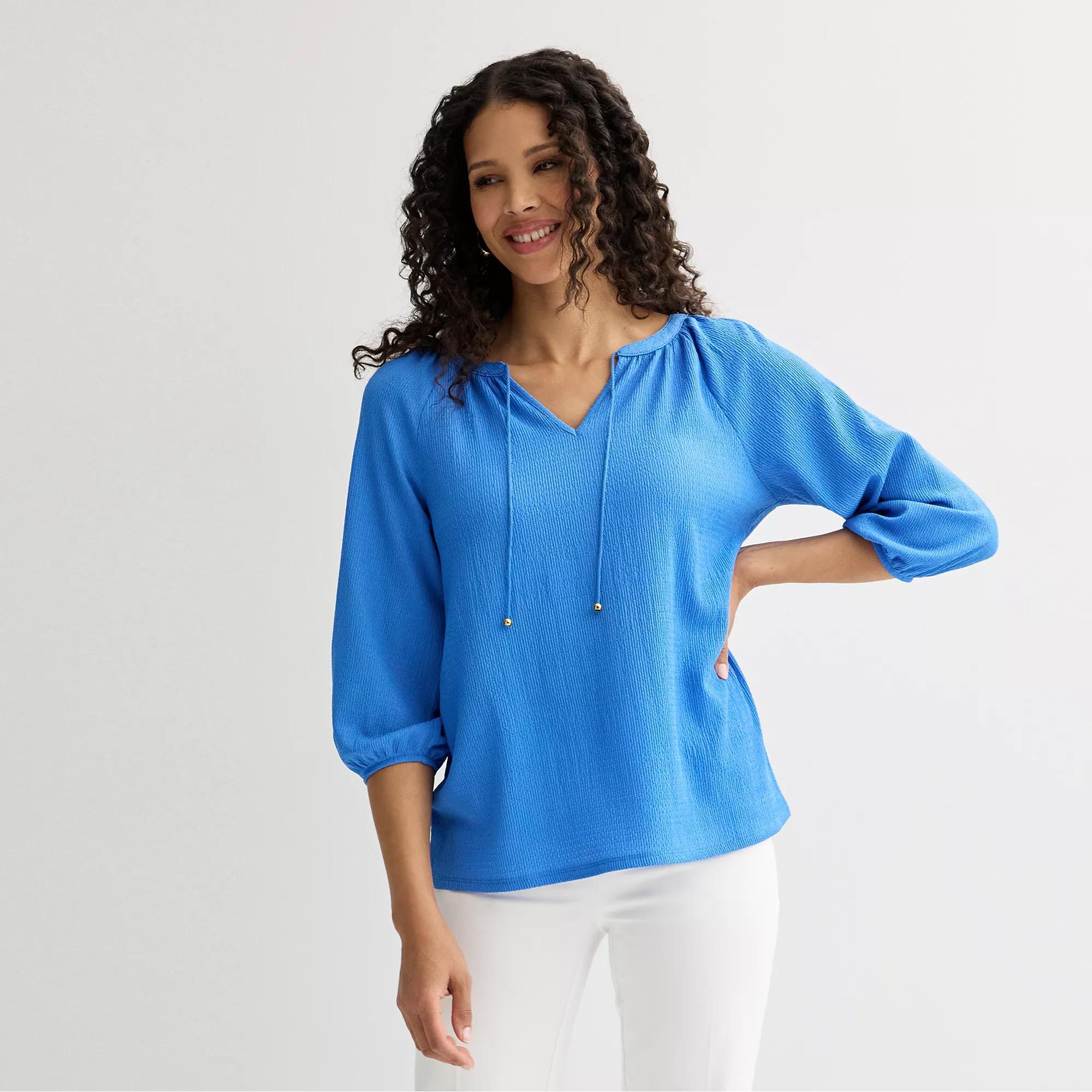 Petite Croft & Barrow® Three-Quarter Balloon Sleeve Peasant Top, Women's, Size: XS Petite, Valen River Product Image