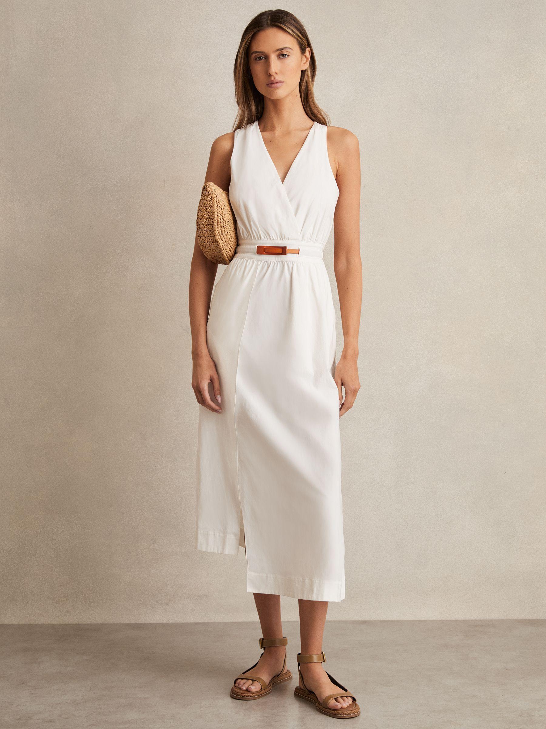 Poplin Belted Split Midi Dress in Ivory Product Image