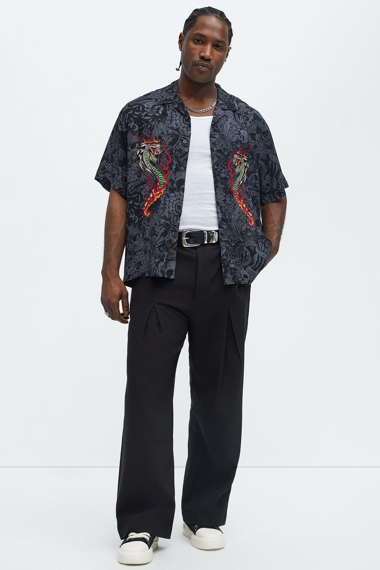 Ed Hardy Regular Fit Cobra Flame Button Up Shirt - Black Product Image