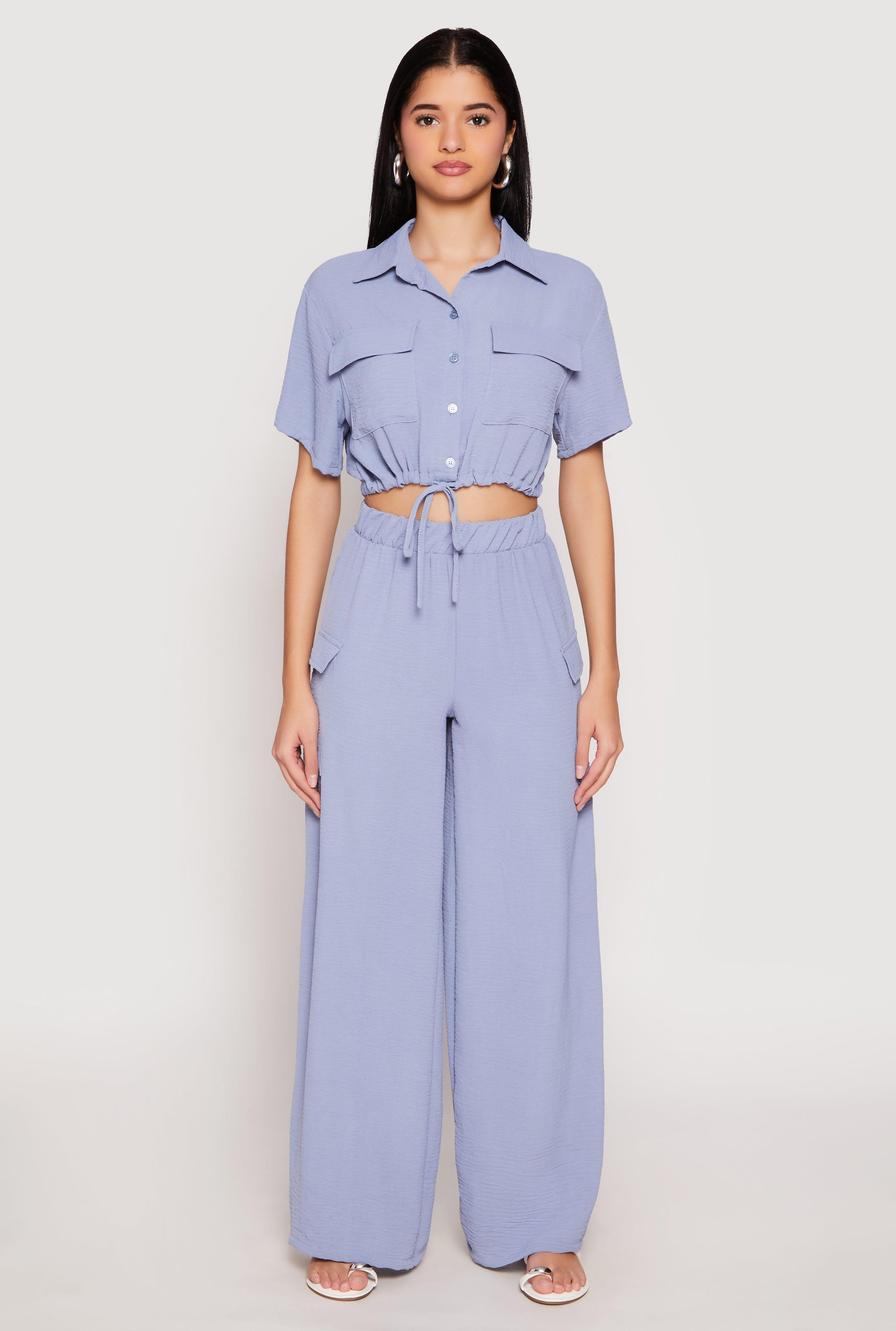 Womens Crepe Knit Button Front Cropped Shirt and Wide Leg Pants Product Image